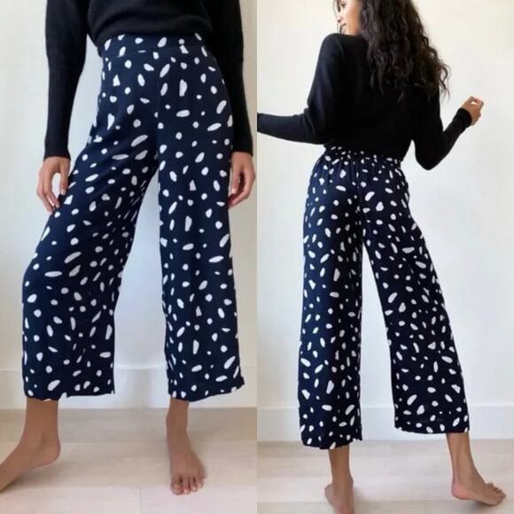 Wilfred Aritizia Spotted Fawn Crop Wide Leg Pants Large Viscose Blend Navy Blue - Picture 2 of 7